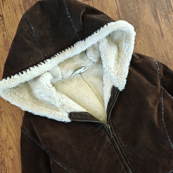 Y2k‎ Brown Suede Full Zip Hooded Jacket Women's Large Faux Fur Lined VTG Leather - Picture 2 of 8